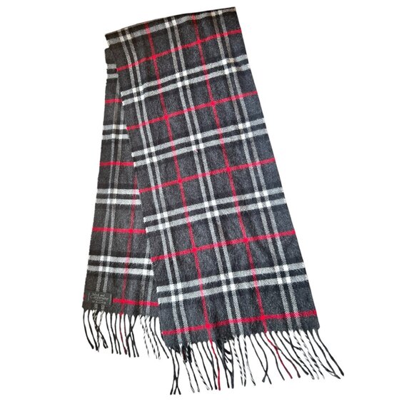 Wool & Cashmere Co Italian Plaid Scarf 11.5" x 60" Charcoal Black Red & White - Picture 1 of 8
